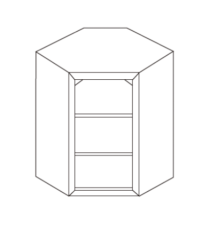 Simple line drawing of a corner cabinet with shelves.